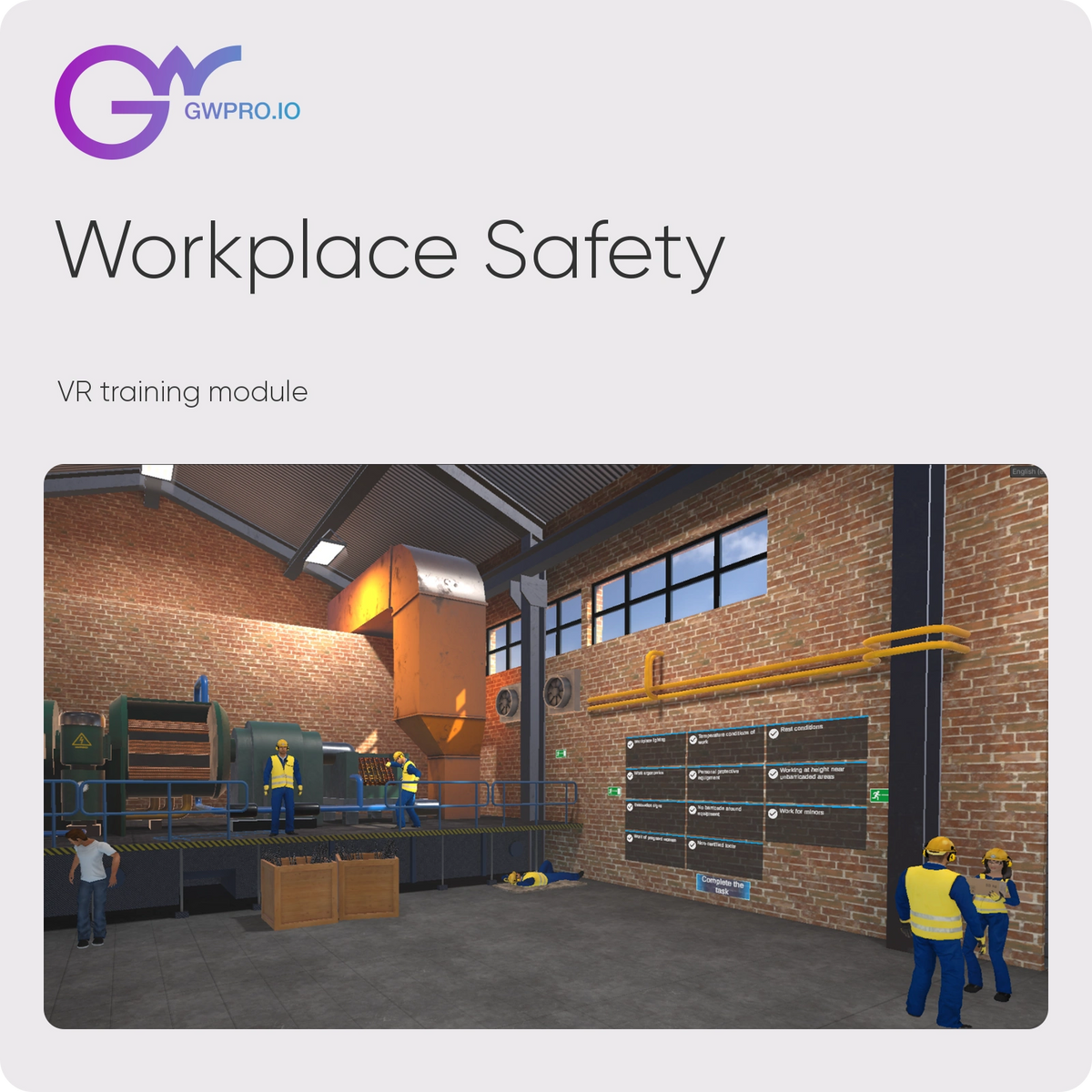 Workplace Safety — VR training module; updated official GWPRO logo and training imagery
