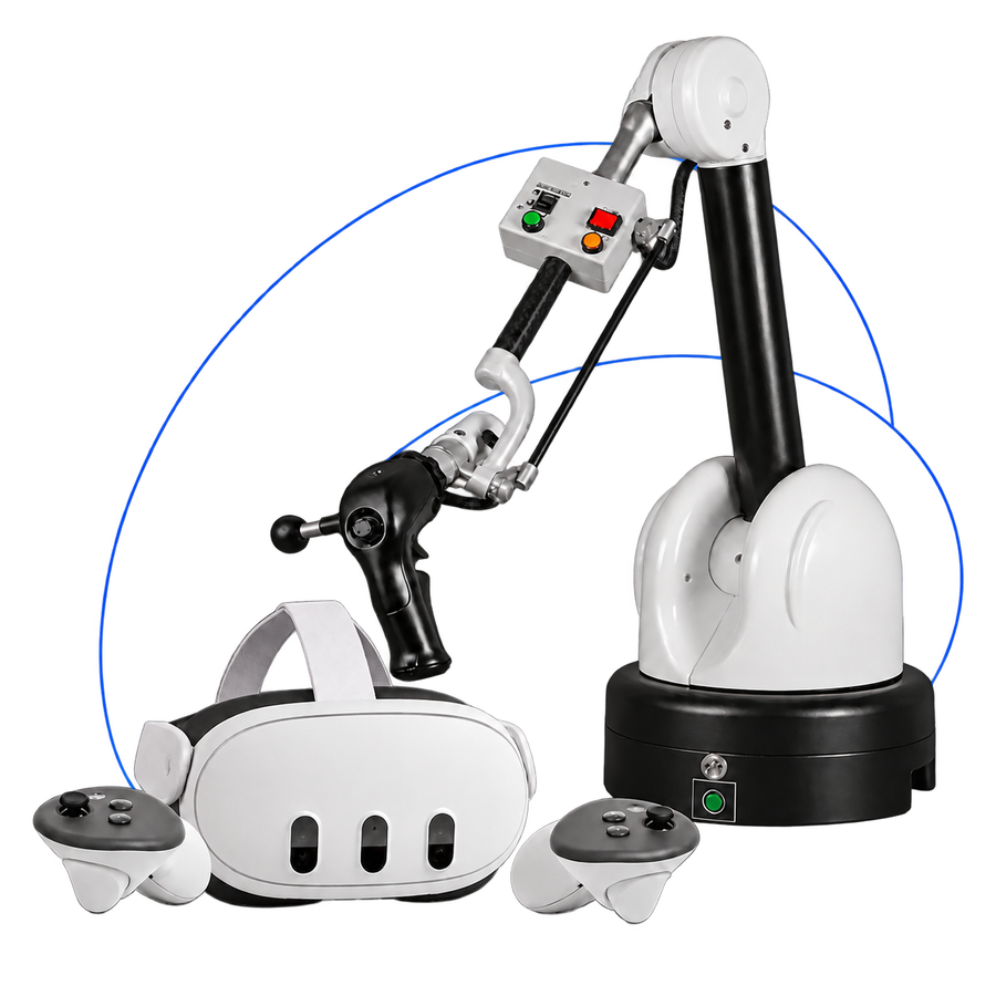 Meta Quest 3 headset and controllers with a Haption Virtuose force-feedback device.