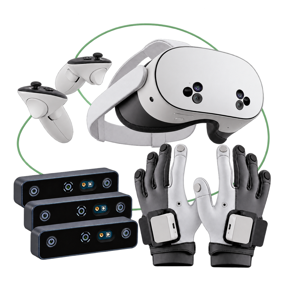 One Meta Quest 3S headset with controllers, three OAK-D cameras and MANUS data gloves.