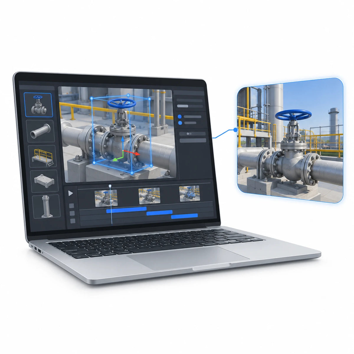 Illustration of an XR application editor and a linked immersive industrial-training viewport on a white background; software concept, not included hardware.