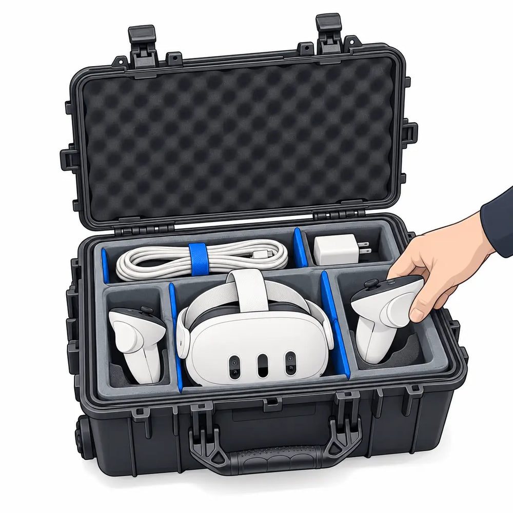 Illustration of an organised headset case while a controller is placed in its fitted compartment.