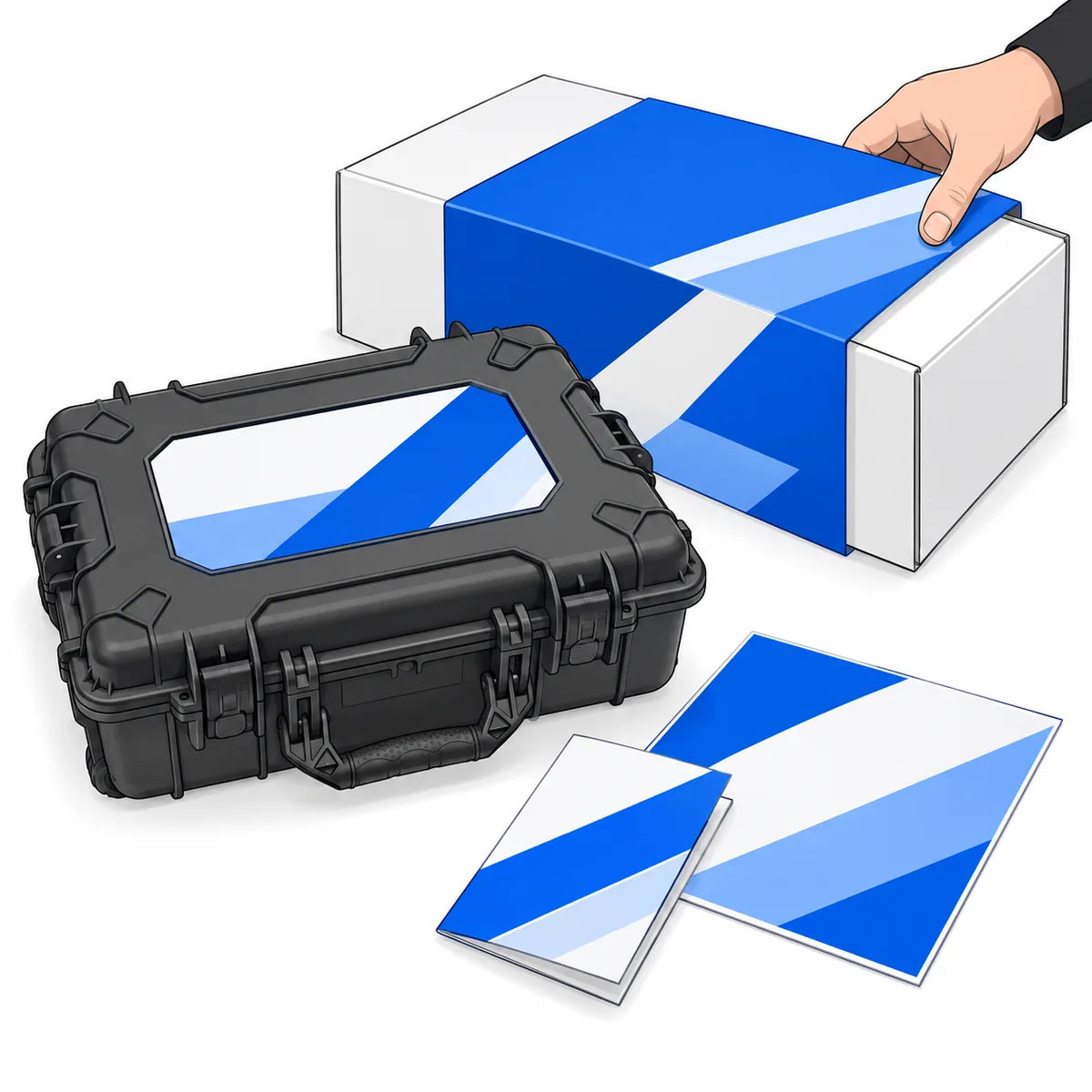 Illustration of a box sleeve, carrying-case artwork panel and matching printed inserts.