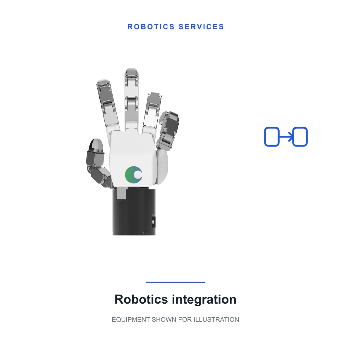 Robotics integration service; original product imagery of TESOLLO DG-5F-M five-finger robotic hand. Equipment is not included; scope and compatibility are confirmed separately.