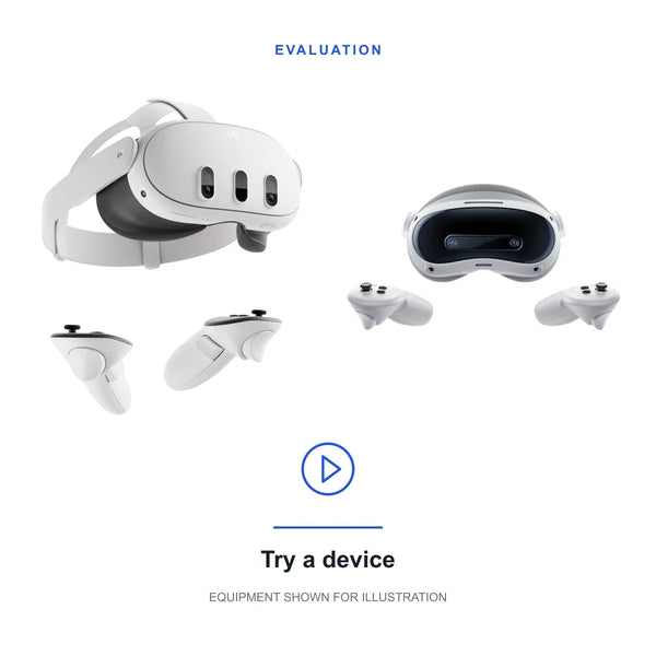 Try a device service; original product imagery of Meta Quest 3 and original Touch Plus controllers and PICO 4 Ultra and original ring-free controllers. Equipment is not included; scope and compatibility are confirmed separately.