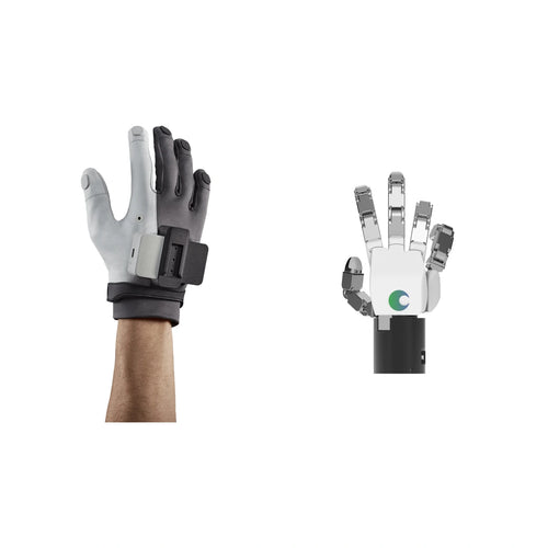 Original product photos of MANUS Metagloves Pro and the TESOLLO DG-5F-M robotic hand; example equipment, not included.