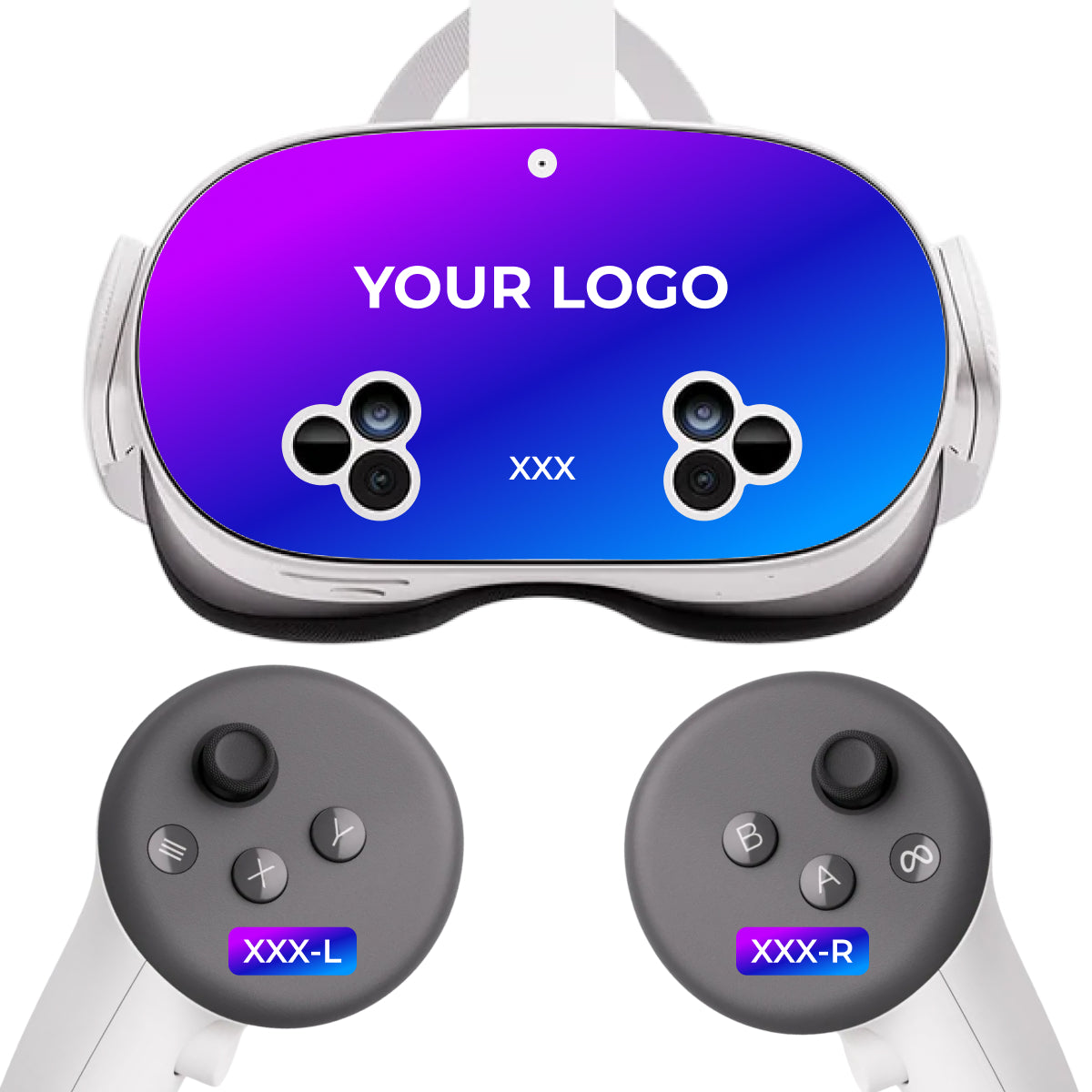Meta Quest 3S Faceplate branding and asset-tagging mockup; headset and controllers shown for illustration, hardware excluded