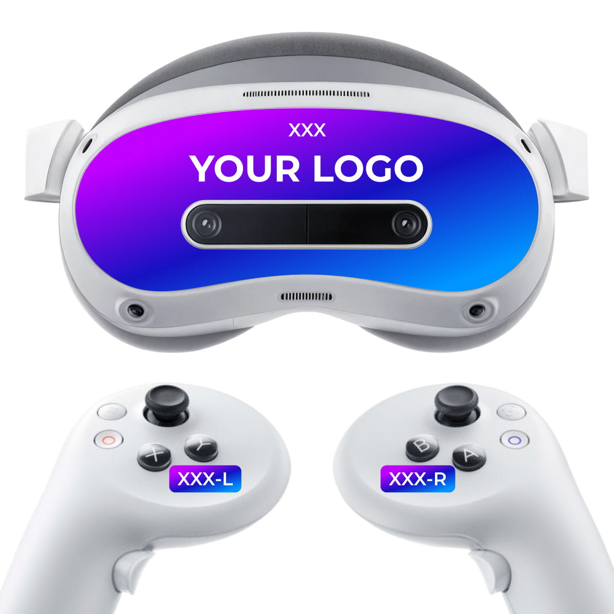 PICO 4 Ultra Faceplate branding and asset-tagging mockup; headset and controllers shown for illustration, hardware excluded