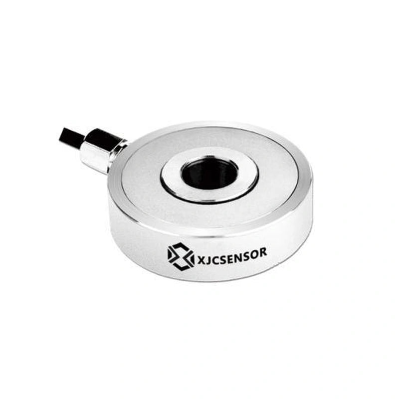 XJCSENSOR X-H52 Through-Hole Load Cell, Ø52 mm, Ø20 bore, 50 kg–1 t — official XJCSENSOR brochure image on white background