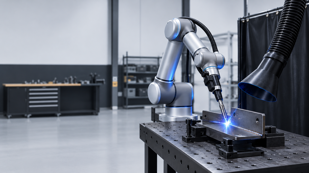 Cobot welding cell: robot arm welding a clamped steel bracket beside a fume extraction arm and welding curtain