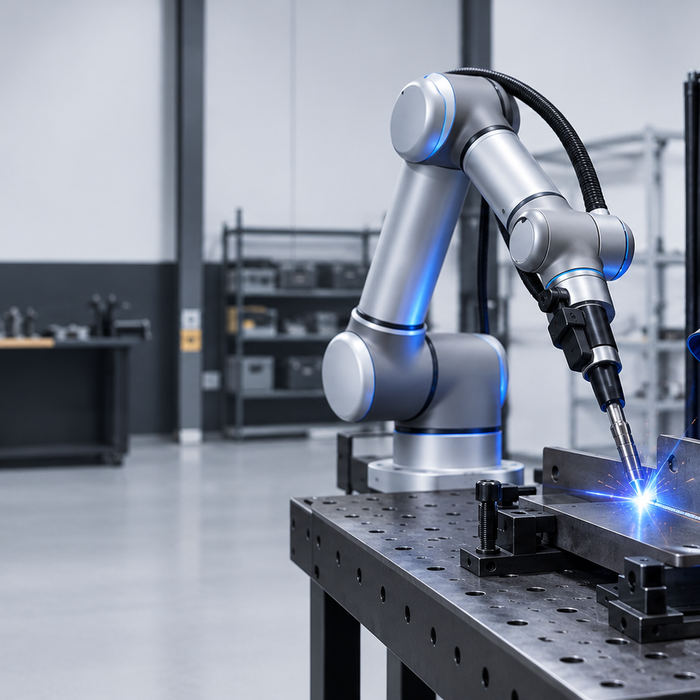 Cobot welding cell: robot arm welding a clamped steel bracket beside a fume extraction arm and welding curtain