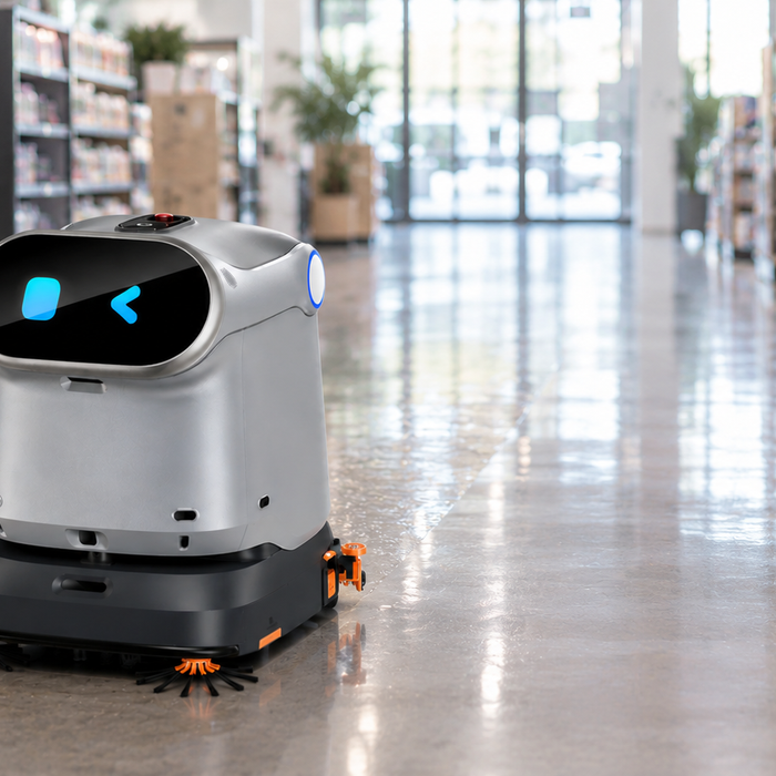 Keenon KleenBot C40 commercial floor cleaning robot scrubbing a retail store aisle before opening