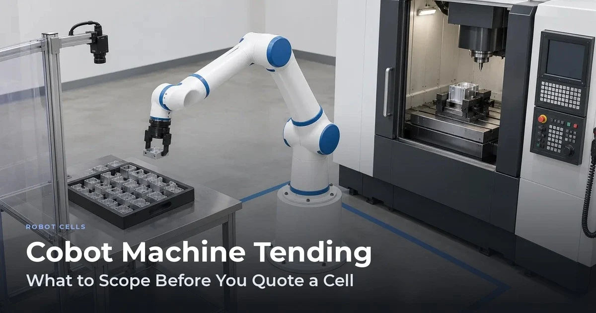 Cobot Machine Tending: What to Scope Before You Quote a Cell, over a concept image of a robot arm and a CNC machine