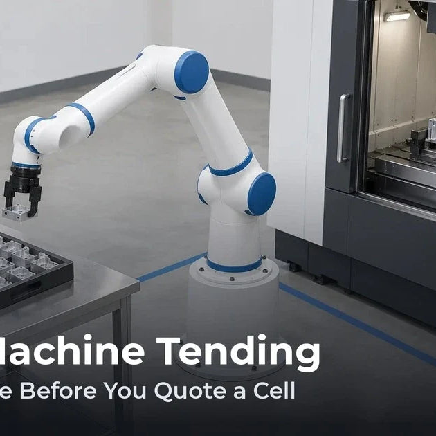Cobot Machine Tending: What to Scope Before You Quote a Cell, over a concept image of a robot arm and a CNC machine