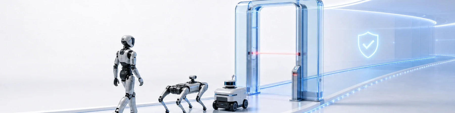 Humanoid, quadruped and autonomous mobile robots approaching a connected-device authorization gateway.