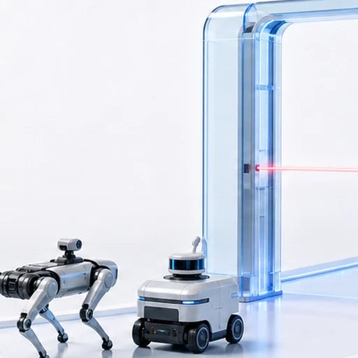 Humanoid, quadruped and autonomous mobile robots approaching a connected-device authorization gateway.