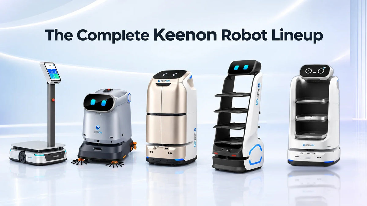 Keenon CourierBot S100, KleenBot C40, ButlerBot W3, DinerBot T10, and DinerBot T9 service robots side by side