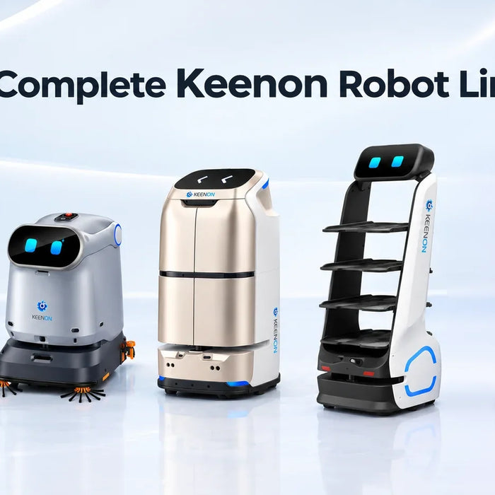 Keenon CourierBot S100, KleenBot C40, ButlerBot W3, DinerBot T10, and DinerBot T9 service robots side by side