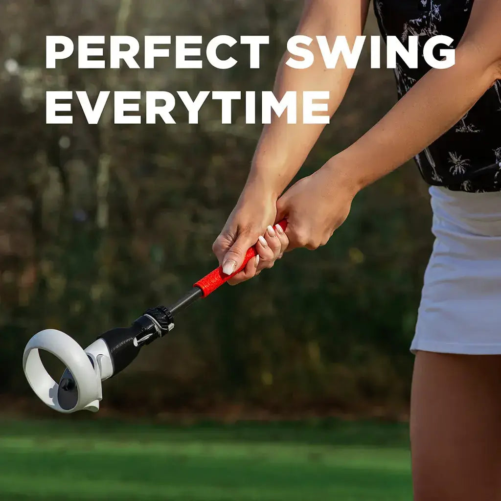 A VR golfer making a perfect swing with a ProGrip controller . ProGrip 2.0 VR Golf | For Meta Quest 2 & Quest Pro | VR Accessories | Knoxlabs VR Marketplace