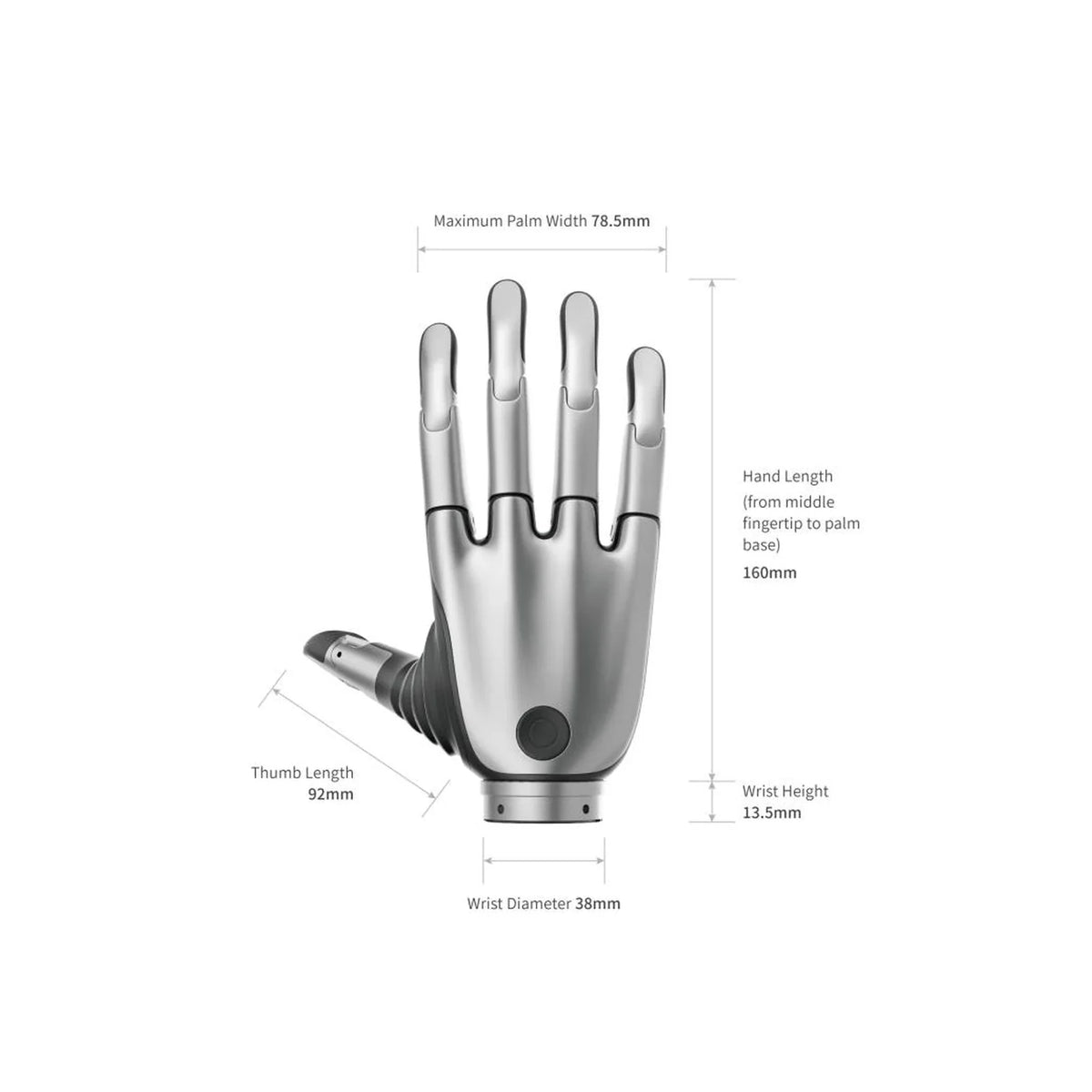 BrainCo Revo2 hand dimensional diagram