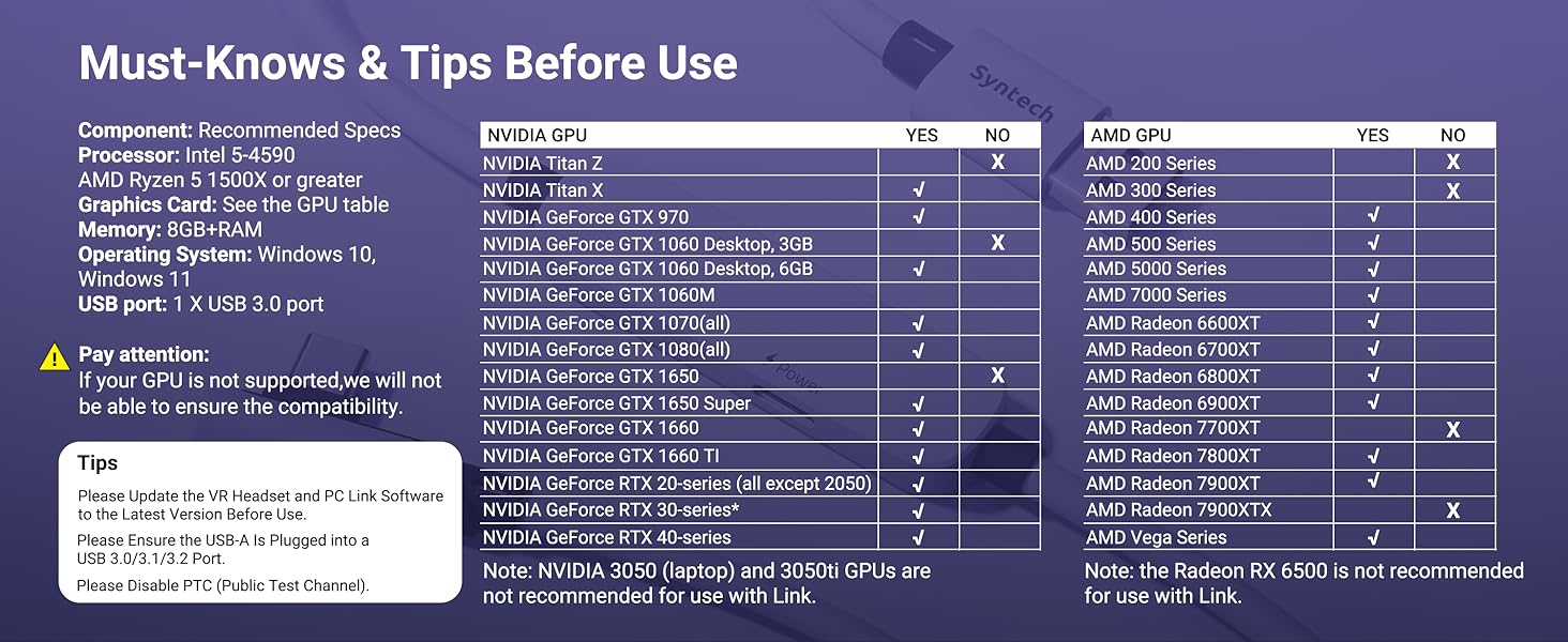 Syntech 16FT Link Cable with Charging for Meta Quest 3 / 3S / 2 / Pro (PC VR) / Pico