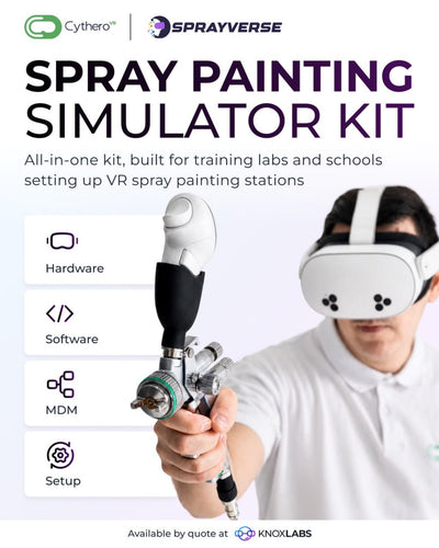 SprayVerse is available as a full kit through Knoxlabs, built for training labs and schools setting up VR spray painting stations.  Trainees pick up a real spray gun controller and get feedback on technique, coverage, and distance, before they ever spray 