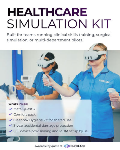 One headset. Every clinical specialty.  The Healthcare Simulation VR Kit ships as a fully provisioned MetaQuest 3, ready for hospitals, med schools, and sim labs.  Included: comfort pack, hygiene kit, 3-year damage protection, full provisioning by us.   W