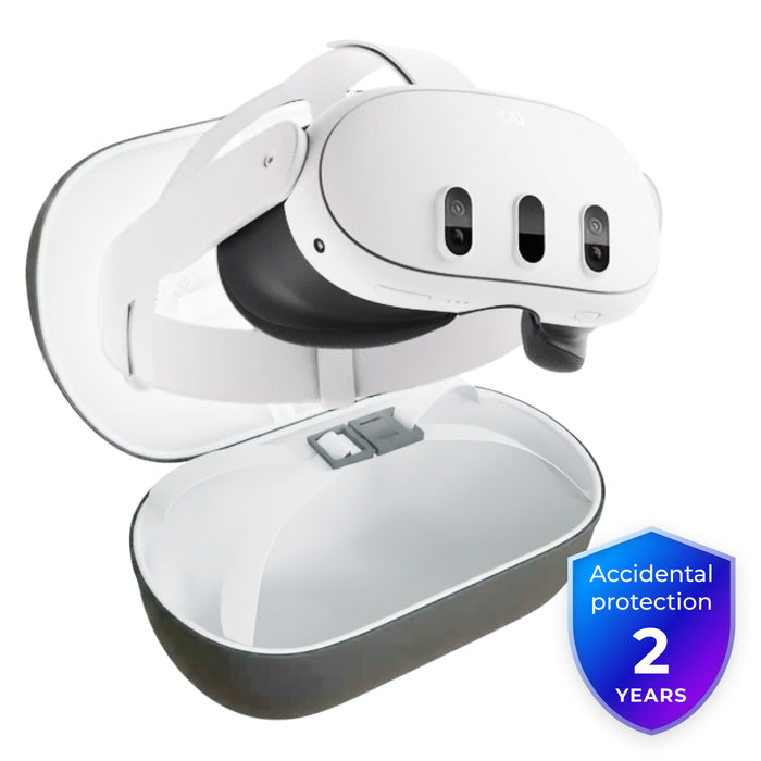 White VR headset with a protective case on a white background, featuring accidental protection warranty text Meta Quest – 2 Year "Protected" Bundle Knoxlabs