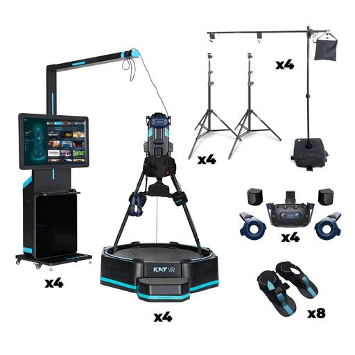 Kat VR Arcade Package - 4 player turnkey system, 4 x Kat Mini S VR Treadmills 4 x Vive Pro 2 VR Headsets (headset, Controllers, Base Stations) 4 x Base Station Stand Kits (lighthouse mount stand) 4 x Kat Cord Brackets 4 x Kat Station (a hub station PC that can control the four treadmills & PCs + 43-inch display) 8 x Kat Shoe Covers (no need for dozens of pairs of individual shoes) 4 x Kat I/O for business White Gloves Setup Service (a trained technician; treadmills PCs, and VR headsets. - Knoxlabs