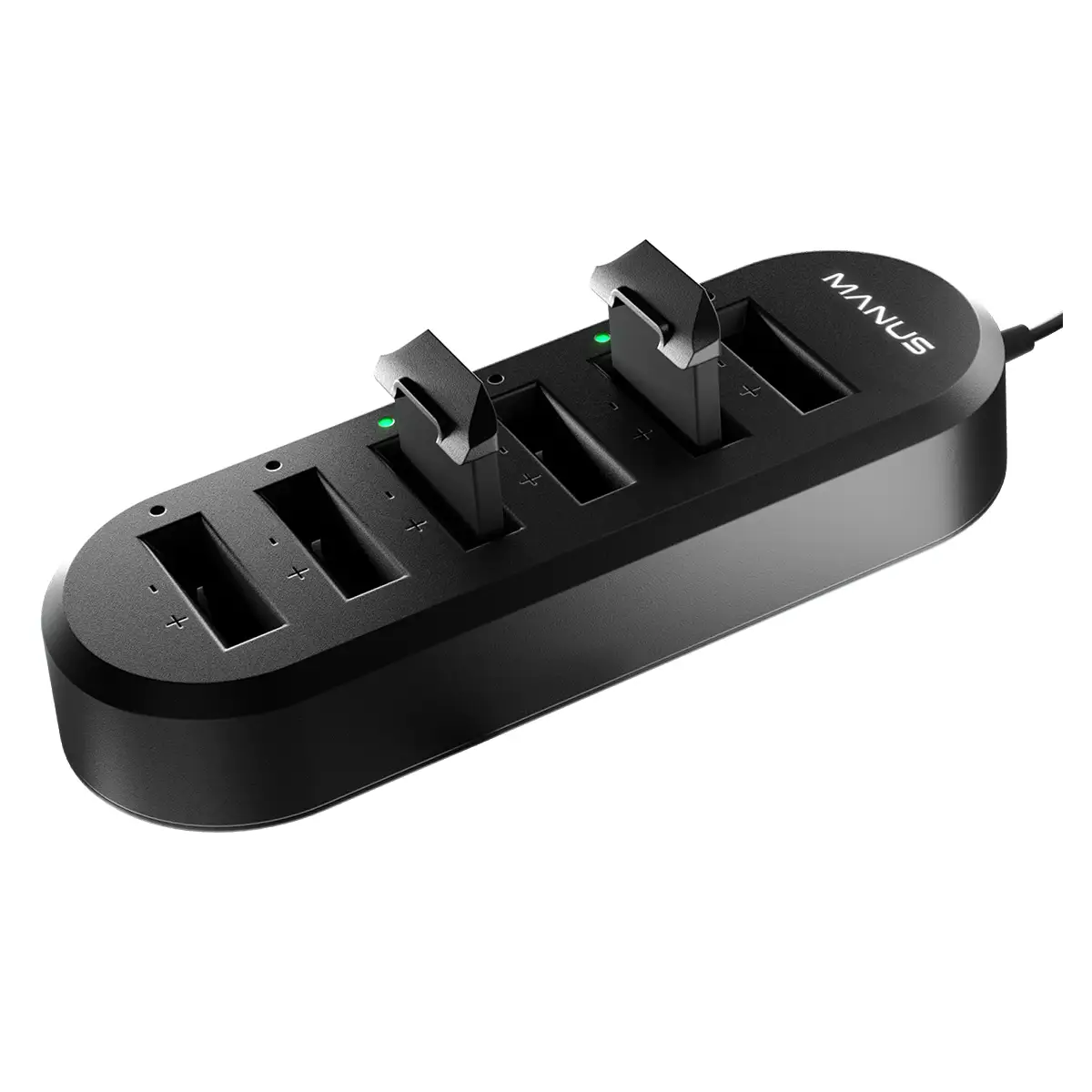 A black battery charging station with multiple slots for charging Manus  Metaglove Pro and Pro Haptic batteries, including two extra batteries on the side.