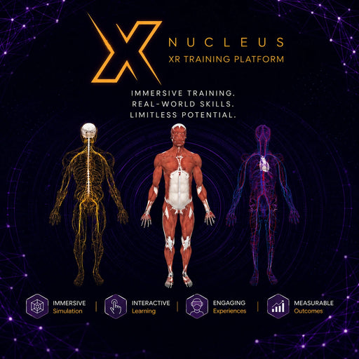 Nucleus XR Training Platform advertisement with anatomical models and platform features on a dark background.