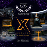 Promotional graphic for X Nucleus XR Training Platform with space-themed elements and Auggie Awards 2026 finalist badge.