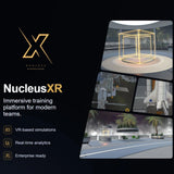 NucleusXR immersive training platform with VR-based simulations and real-time analytics on a black background.