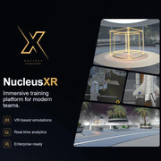 NucleusXR immersive training platform with VR-based simulations and real-time analytics on a black background.