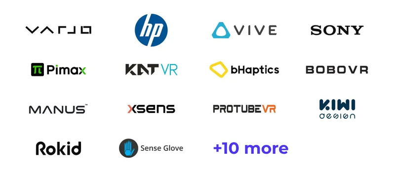 Knoxlabs VR Markeplace partners and vendors HTC Vive, Varjo, Helloreal, BoboVR, KatVR, Bhaptics, Roto, Rokid, Manus, Litho, Asterion, ProtubeVR, xSens, Movella, HP, AMVR, Icaros, Kiwi design, Omnicharge, Rebuff reality, TycoTech, Sony Pimax Logos