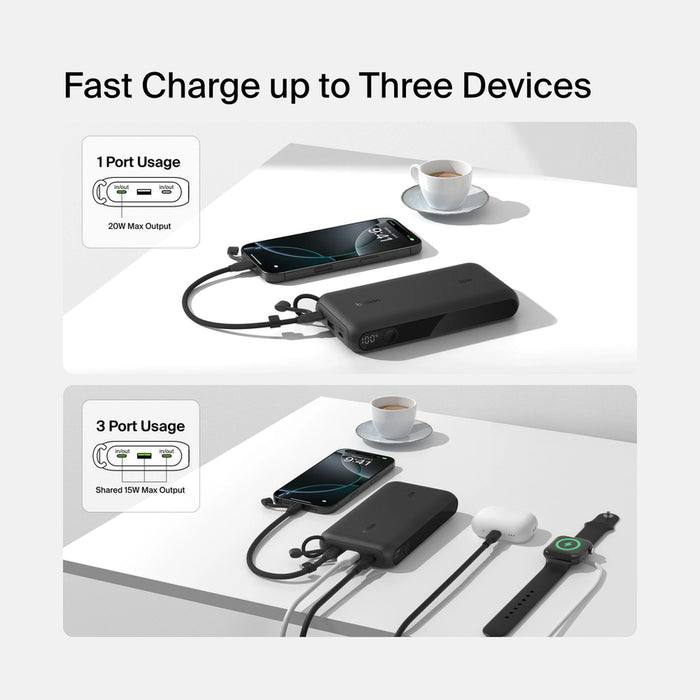 Belkin BoostCharge 20K power bank front and side view on white