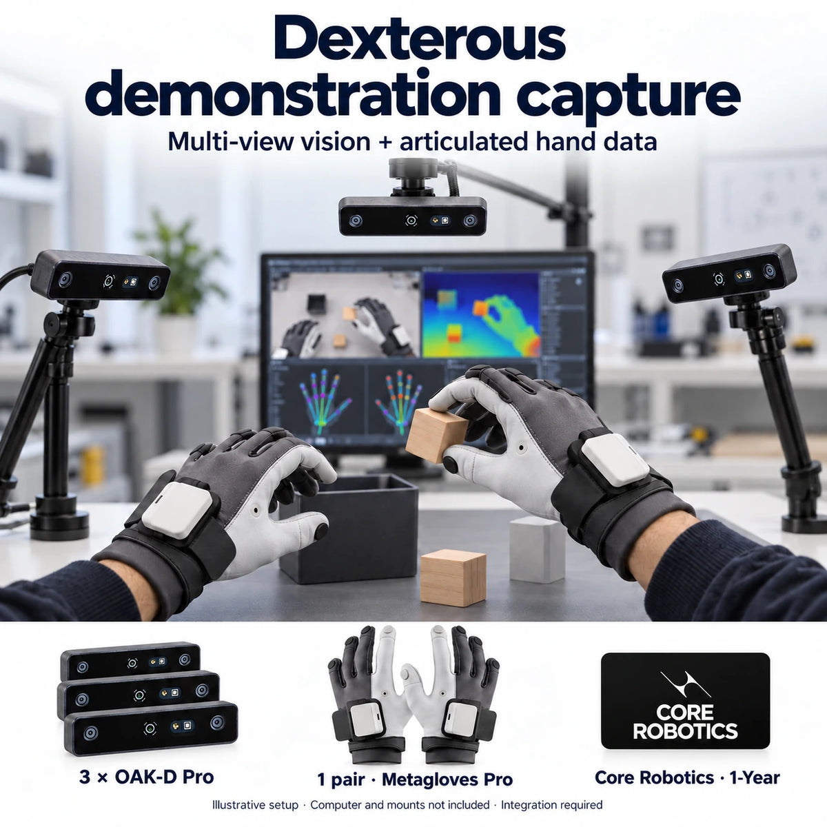 Illustrative capture setup: three OAK-D Pro cameras, one Metagloves Pro pair and a MANUS Core Robotics 1-Year Subscription; computer and mounts not included