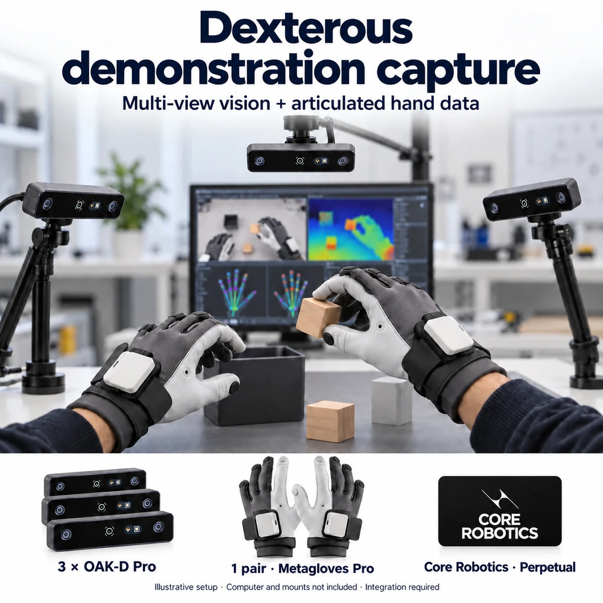 Illustrative dexterous demonstration capture setup with three OAK-D Pro cameras, a Metagloves Pro pair and a MANUS Core Robotics Perpetual license. Computer, mounts and integration are additional.