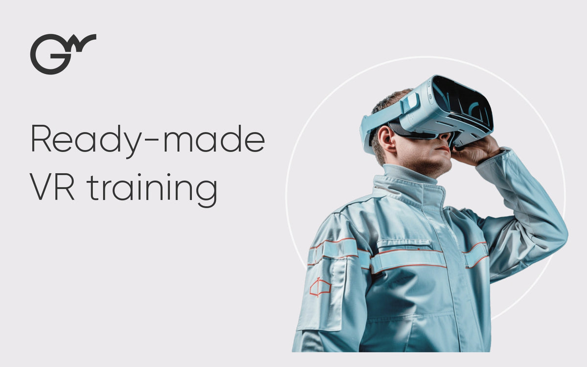 Official GWPRO logo with Ready-made VR training and a headset-wearing worker, in the brand’s pale gray and charcoal style