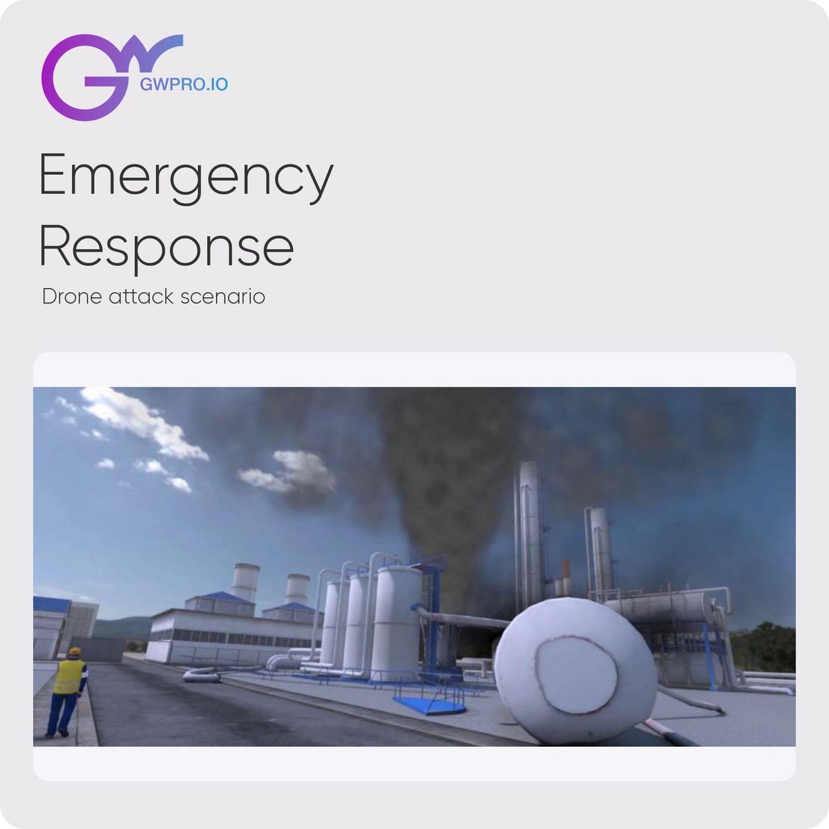 Emergency Response: Drone Attack VR training with official GWPRO logo and supplier simulation screenshot