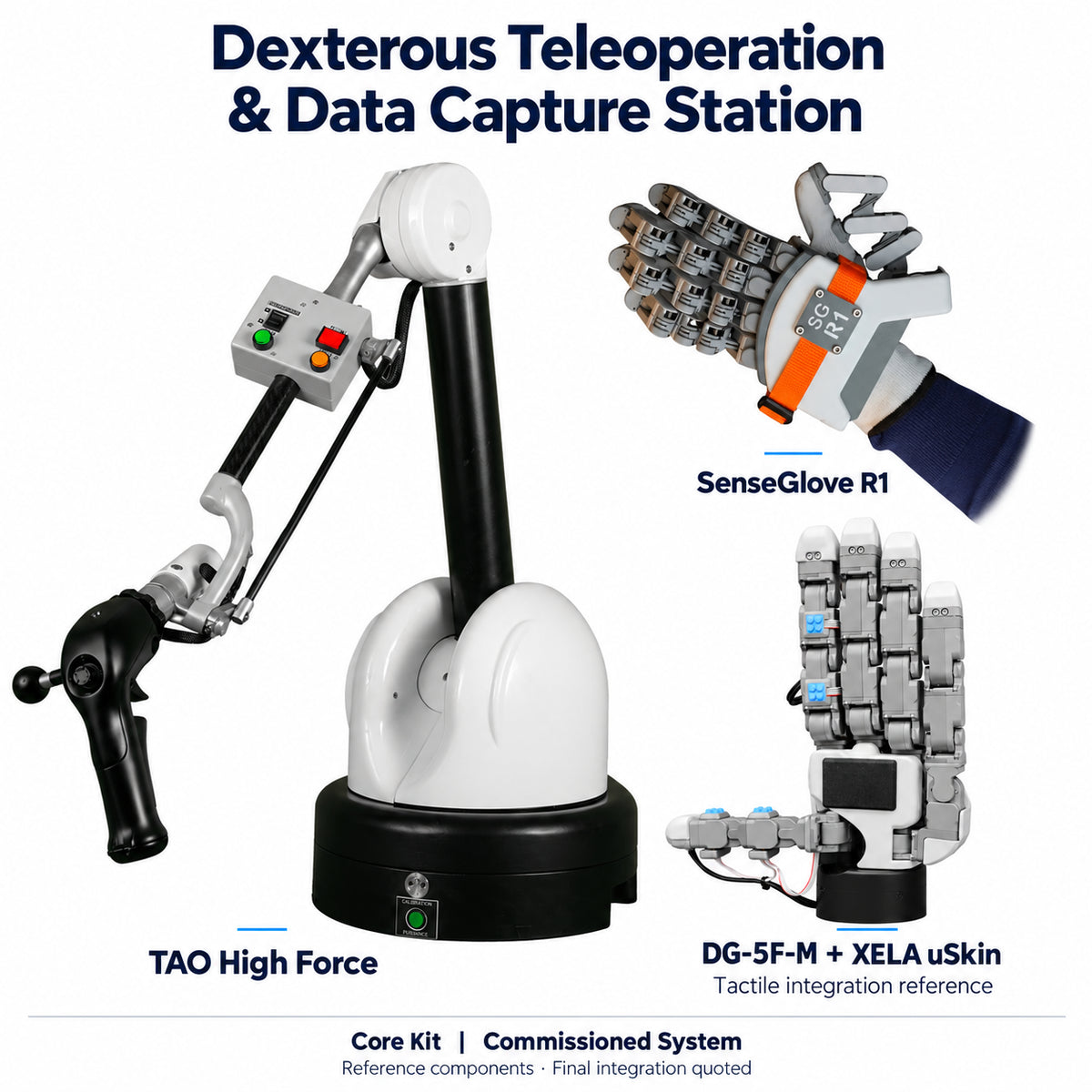 Dexterous Teleoperation and Data Capture Station reference component collage: Haption TAO High Force, SenseGlove R1 and TESOLLO DG-5F-M with XELA uSkin; final integration quoted