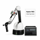 Haption premium teleoperation kit: Virtuose 6D TAO High Force leader with standard controls, TREX Box and one robot-type license on white.