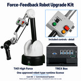 Force-Feedback Robot Upgrade Kit component collage: Haption TAO High Force, TREX Box and included controls detail; robot and PC supplied separately