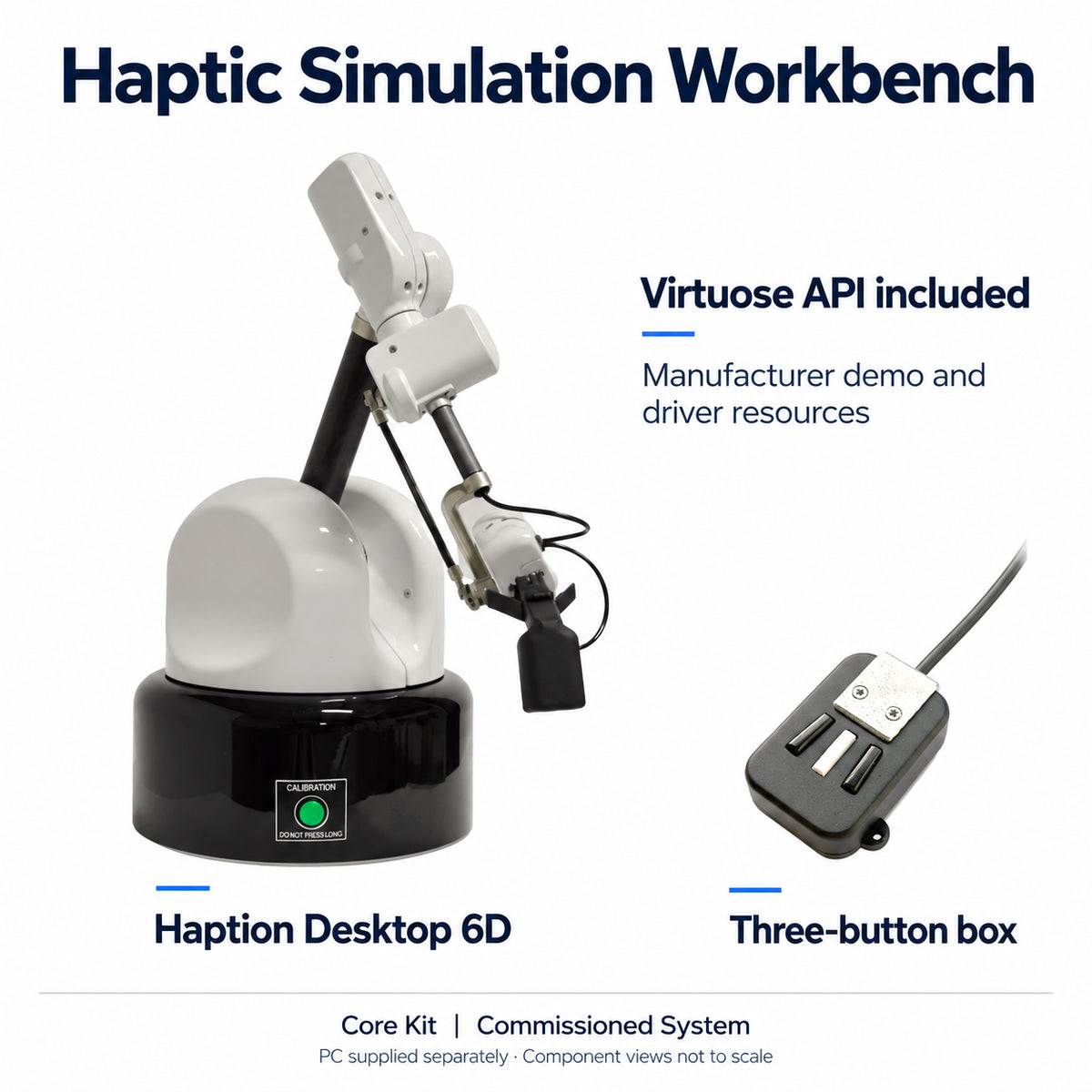 Haptic Simulation Workbench component collage: Haption Desktop 6D, three-button box and included Virtuose API resources; PC supplied separately