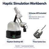 Haptic Simulation Workbench component collage: Haption Desktop 6D, three-button box and included Virtuose API resources; PC supplied separately