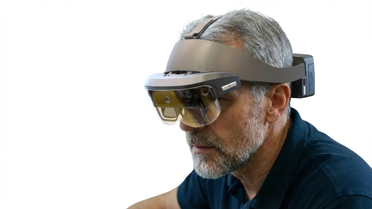 Supplier-provided SiNGRAY G2 image showing a wearer with optical see-through enterprise AR glasses