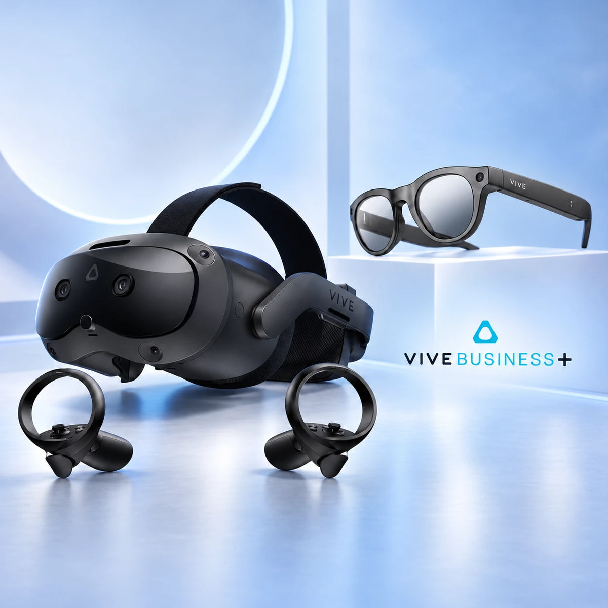 VIVE Focus Vision headset, VIVE Eagle glasses, and VIVE Business+ logo