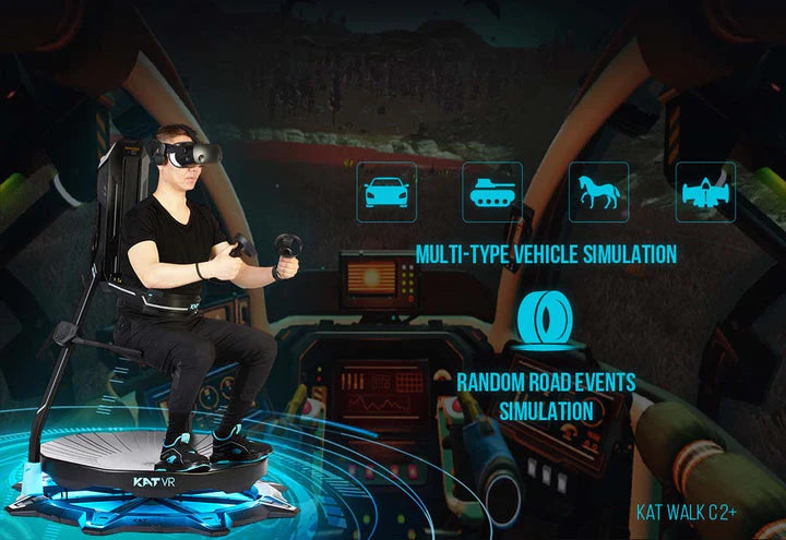 The KAT Walk C2+ treadmill transforming into a versatile VR vehicle hub, simulating various vehicle interactions within the virtual environment.  | Knoxlabs VR marketplace | VR Headsets, VR Accessories, VR Treadmills