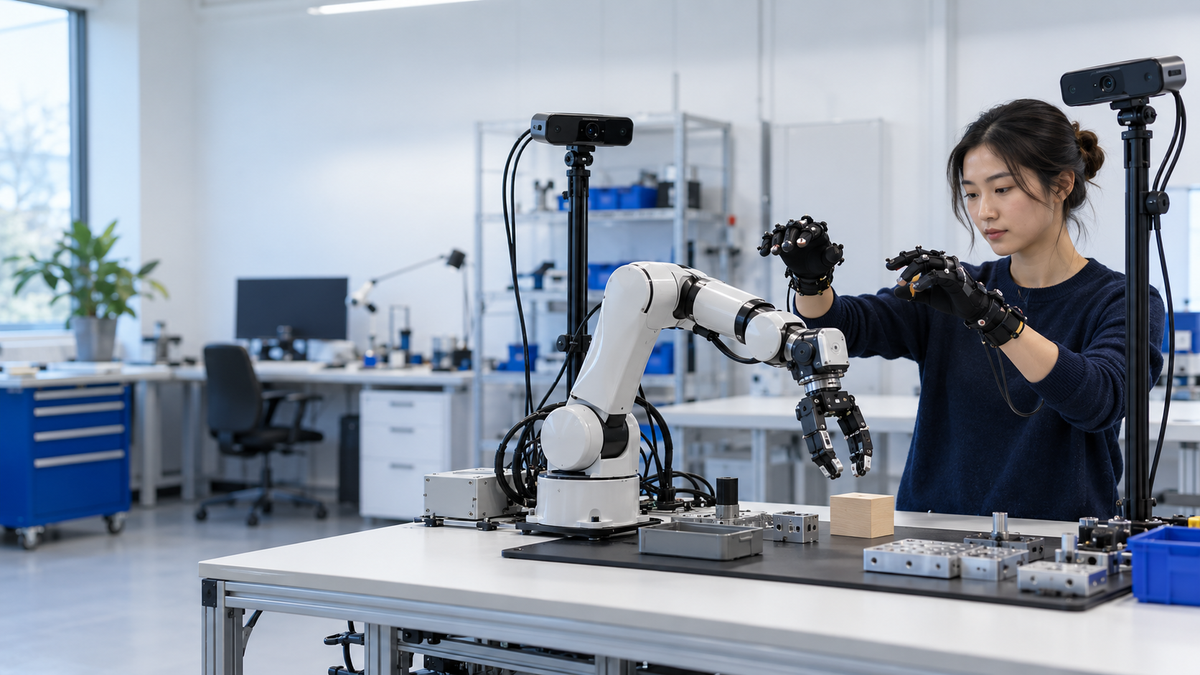 Illustrative robotics lab with an operator, motion-capture gloves and a robotic arm