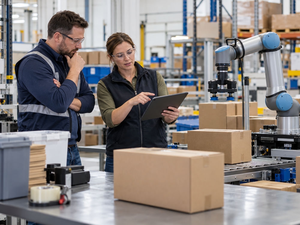 Illustrative warehouse team reviewing a robotics workflow