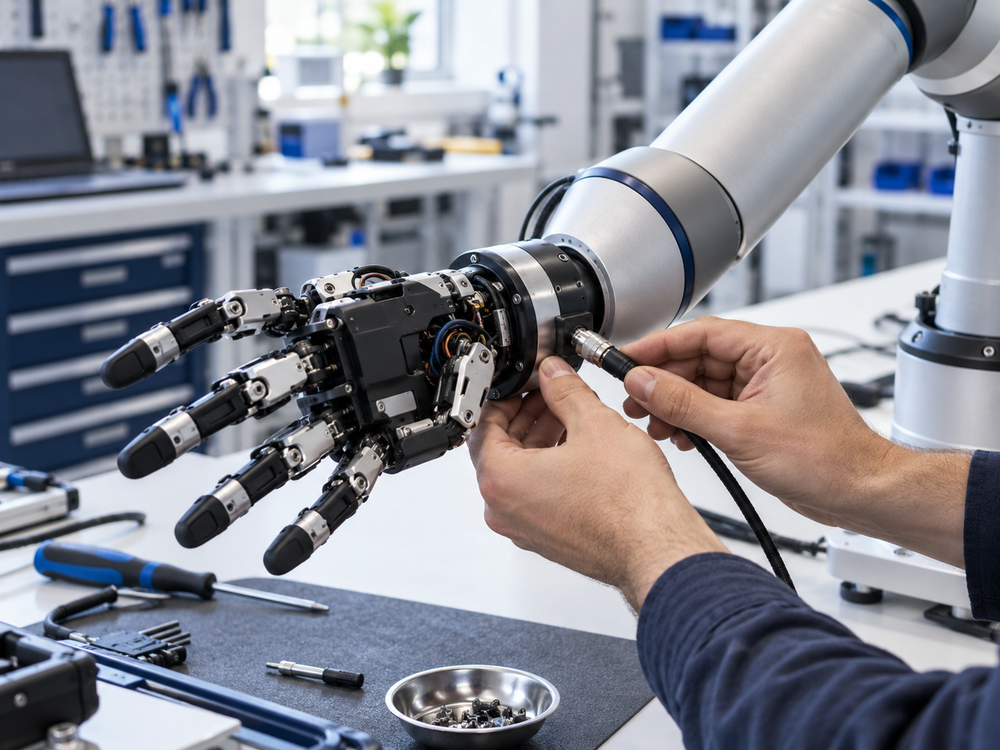Illustrative close-up of a robotic hand and modular arm